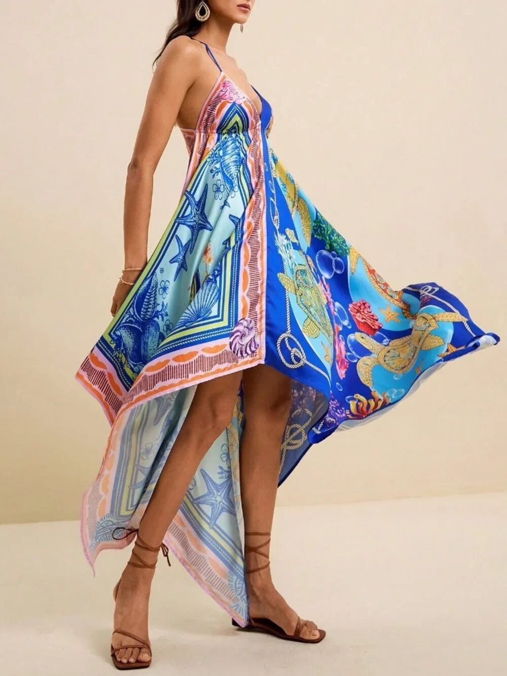 Multicolor Boho Women's V-Neck Spaghetti Strap Ocean Print Maxi Beach Dress_4